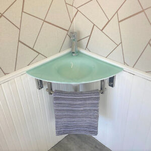Corner Glass Bathroom Basin Sink Cloakroom Bowl with Tap & Plug