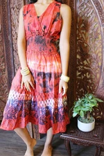 Boho Gypsy Hippy Red Cotton Printed Dress Summer Comfy Handmade Sleeveless M