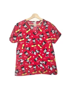 Disney Women's Red Mickey & Minnie Mouse Short Sleeve V-Neck Scrub Top Size Smal - Picture 1 of 12
