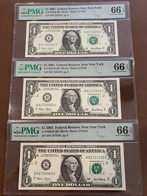 3 Sequential 2001 $1.00- Federal Reserve Note New York- 66 EPQ PMG- FR1926-B - Image 1 of 2