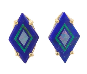 14k Gold Genuine Intarsia Stud Earrings Diamond Shaped Opals Inlaid Lapis #J6961 - Picture 1 of 6
