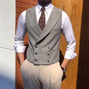Light Gray Plaid Suit Double-breasted Vest Business Slim Waistcoat Men's Wedding - Picture 1 of 23