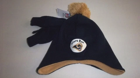 NWT Toddler Boys NFL LA Rams Navy Blue/Gold Winter Logo Hat and Gloves Set Cover