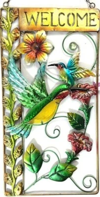Bejeweled Display Large Hummingbird w/Stained Glass Welcome Sign — 第 1/4 张图片