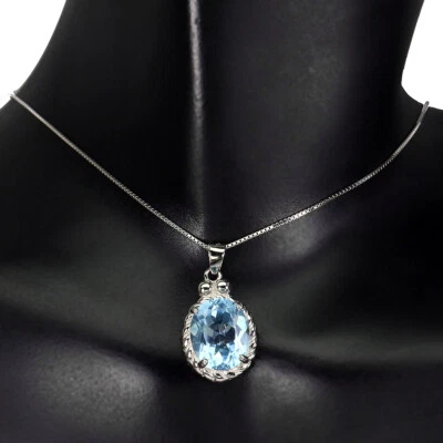 Collana In Argento Sterling 925 Con Topazio Blu Cielo Ovale 11x9mm Gioielli 18in - Immagine 1 di 4