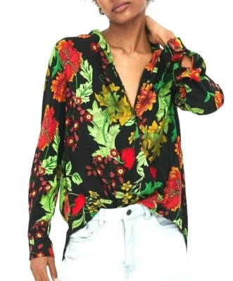 ZARA BLACK FLORAL TROPICAL PRINT OVERSIZED TOP BLOUSE V NECK LONG SLEEVE NEW - Image 1 of 4