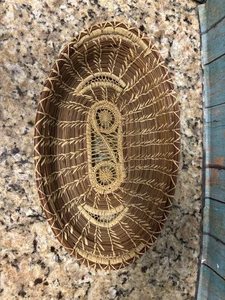 Cesto ago pino vintage fatto a mano tessuto arte popolare geometrico ovale boho 10" - Foto 1 di 5