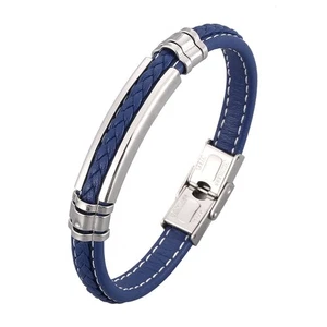 Pulsera de cuero negro para hombre, acero inoxidable plateado - Picture 1 of 7