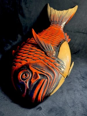 Vintage Black & Red Japanese Sea Bream Tai Fish Lidded Tray Takaoka Lacquerware - Image 1 of 4