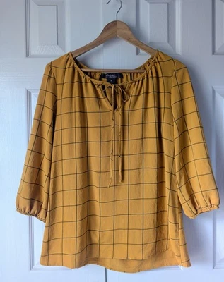 Olivia & Martin Women's Blouse  Tie Neck Keyhole Yellow Windowpane Peasant M  - Image 1 of 4