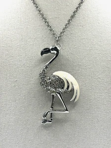 Chicos Kristall Strass Flamingo Anhänger silberfarben Kette Halskette 34 Zoll - Bild 1 von 22
