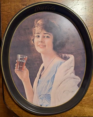 1973 Coca-Cola Tray – 1920s Lady in Blue – Reproduction – Oval Tin Collectible - Image 1 of 3