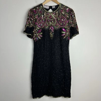 Vintage Lawrence Kazar Dress L Silk Sequin Colorful Cocktail 90s - Image 1 of 4
