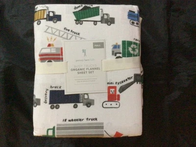 POTTERY BARN KIDS BUSY TRUCKS ORGANIC  FLANNEL SHEET SET FULL MULTI   NEW - Image 1 of 2