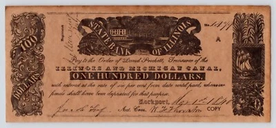 $100 Dollar Note State Bank of Illinois Michigan Canal REPRINT Parchment Paper - Image 1 of 4