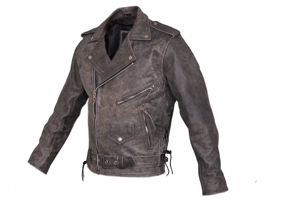 Mens Distressed Leather Marlon Brando Belted Biker Motorcycle Armoured Jacket - Image 1 of 4
