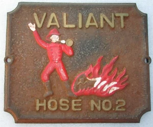 FIRE HOUSE: Valiant Hose No.2- Firefighter Cast Iron Square Mark R- PLAQUE/MAKER - Picture 1 of 4