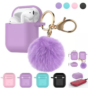 For Apple AirPods 1st 2nd Generation Silicone Case Cover with Fur Ball Keychain - Picture 1 of 44