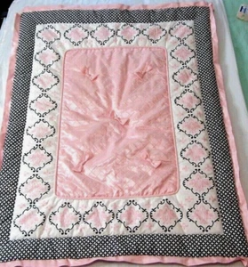 LAMBS & IVY Baby Crib Blanket/Quilt Pink Black White Satin, Puffy, Reversible - Picture 1 of 6