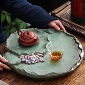 New Handmade Carved Lotus Reservoir Tea Tray Pottery Heavy Tea Table For Tea Set - Picture 1 of 20