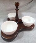 Vintage Three Bowl Condiment Set White Glass Bowls and Hand Crafted Wood USA