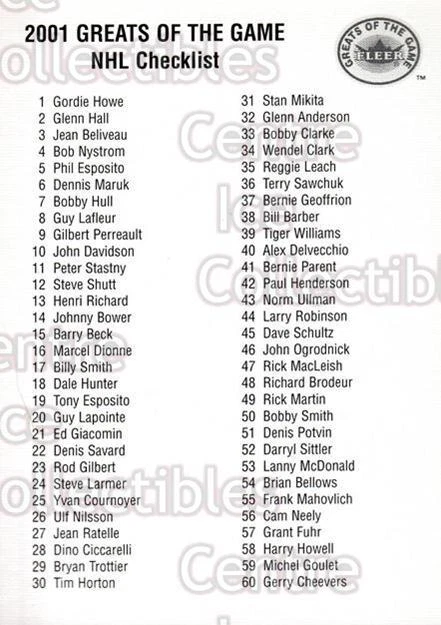 2001-02 Fleer Greats of the Game #NNO Checklist - Image 1 of 1