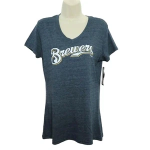 Fanatics Women Medium Milwaukee Brewers Baseball Heathered Blue V Neck Shirt NEW - Picture 1 of 7