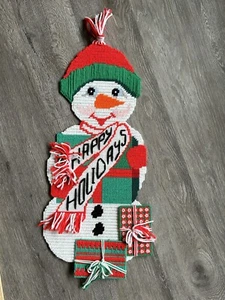Vintage Snowman Plastic Canvas Yarn Wall Hanging Christmas Happy Holidays 24" - Picture 1 of 5