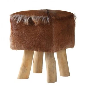 WOHNFREUDEN Hocker aus Teakholz und Ziegenfell 30 x 42 cm Sitz-Hocker Schemel - Bild 1 von 3