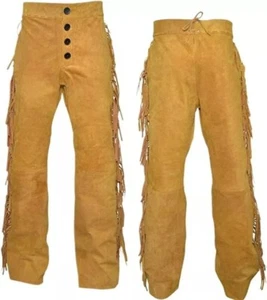 Pantaloni con frange da uomo di montagna, pantaloni con frange in pelle scamosciata per nativi americani - Foto 1 di 4