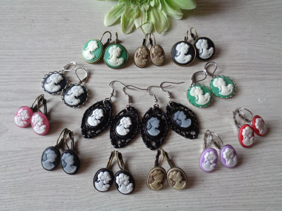 Ohrbrisuren oder  Haken mit Kamee-Frauenkopf-Cabochon  13 verschiedene Varianten - Bild 1 von 1