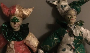Jester Clown Dolls Porcelain Arms Legs Hands Sparkly NWT - Picture 1 of 12