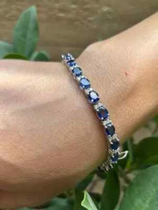 14.00 Cts Oval Natural Sapphire Diamond Link Tennis Bracelet 14K Real White Gold - Picture 1 of 12