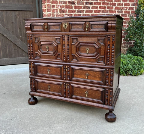 Antique English Chest on Chest of Drawers Cabinet Jacobean Carved Oak Tudor Cover