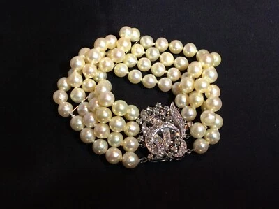 Antique 14K White Gold & Diamond Clasp 4-station Pearl Bracelet with Spacers 7" - Image 1 of 4