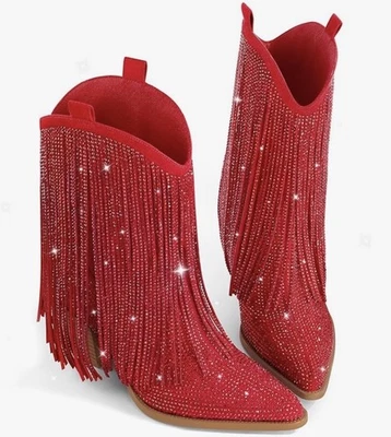 Botas vaqueras rojas para mujer Ouepiano con flecos y pedrería talla 8 Foto 1 de 4