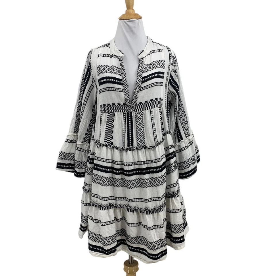 Vestido Elan para mujer grande blanco negro cuello en V manga campana bordado babydoll mini Foto 1 de 4