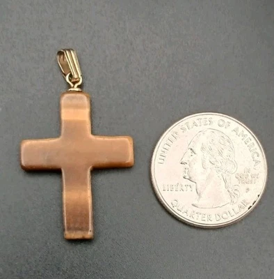 Vintage Tiger Eye Cross Pendant Gold Tone Bail  - Image 1 of 4