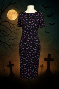 Unique Vintage Black With Purple Bats Pattern A-line Midi Dress 1X Halloween NEW - Picture 1 of 11