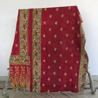 Cobertor de cama indiano vintage duplo Kantha feito à mão algodão colcha Gudari - Imagem 1 de 4
