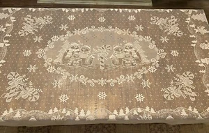 Mantel de encaje blanco navideño vintage 59” x 87” muñeco de nieve familia bastones de caramelo - Imagen 1 de 13
