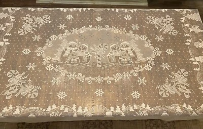 Mantel de encaje blanco navideño vintage 59” x 87” muñeco de nieve familia bastones de caramelo Foto 1 de 4