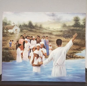 Rara litografia arte afroamericana firmata R. Williams battesimo su tela - Foto 1 di 5