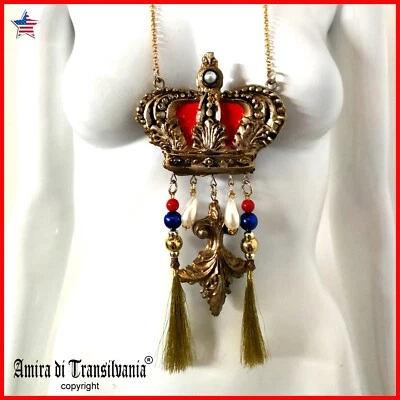 Royal Crown Chunky Necklace Brutalist Pendant Jewelry Royalty Queen King Locket - Image 1 of 4