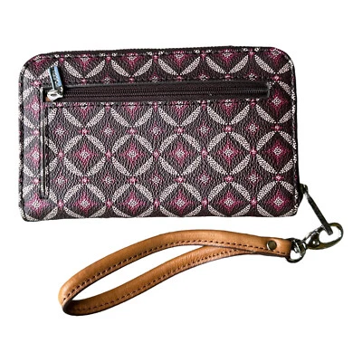 Cartera sin asas de cuero fósil con cremallera alrededor marrón borgoña púrpura geométrica usada en excelente estado 6,5" Foto 1 de 4