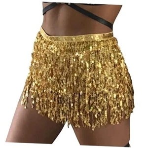 Womens Belly Dance Hip Scarf with Sparkly Fringe Rave Party One Size Golden - Picture 1 of 7