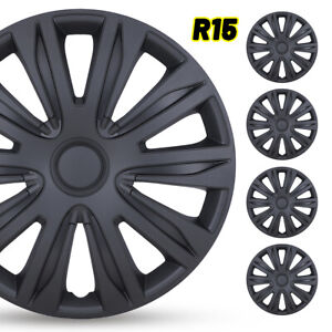 Matte Black 15" 4Pc Wheel Cover Hubcaps On Full Hub Caps For R15 Tire &Steel Rim