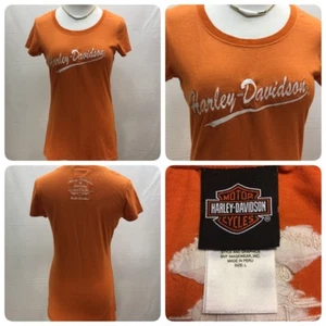 Harley Davidson Damen Gr. L Orange SS T-Shirt Original Bestickt Charlotte NC  - Bild 1 von 8
