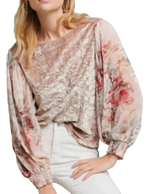 Blusa Anthropologie Meadow Rue Talla M Rosa Floral Terciopelo Aplastado Manga Abullonada Foto 1 de 4