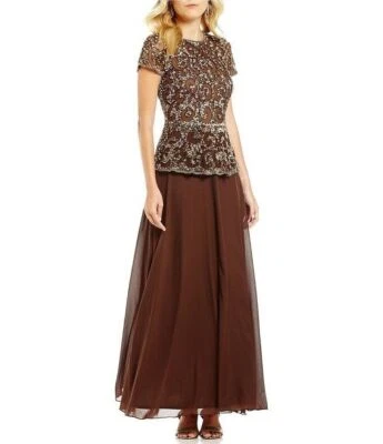 Vestido Pisarro Nights con Cuentas Simulado Dos Piezas Talla 16 Moca Foto 1 de 2